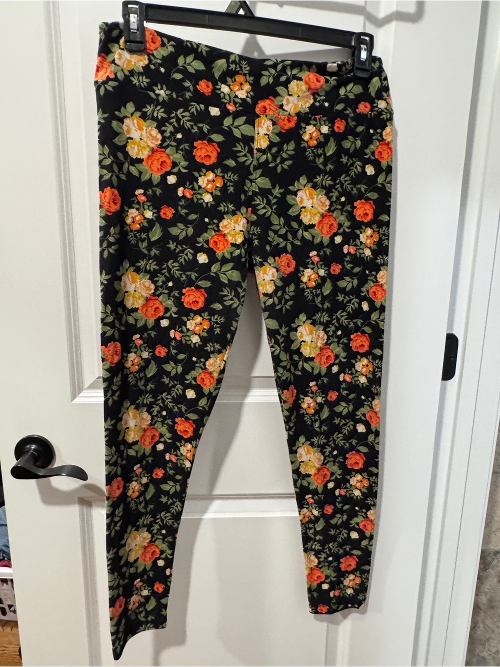 LuLaRoe Black Leggings with Orange and Yellow Rose Print